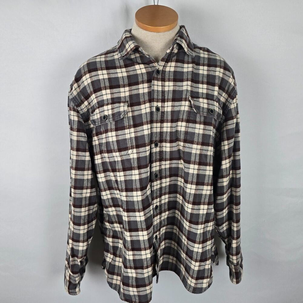 Jachs Button Down Shirt Men's XL Cream Gray Burgundy Plaid Flannel Long Sleeve